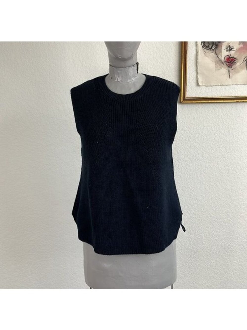 Helmut Lang Sleeveless Crew Sweater Side Contrast Tie Navy